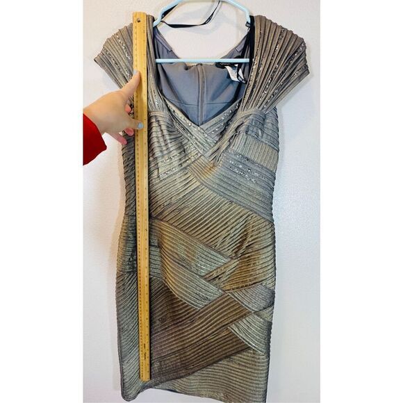 Tadashi Shoji Pintuck Pleated Gold/Green Metallic Jersey Women's Evening Dress S - Picture 5 of 10